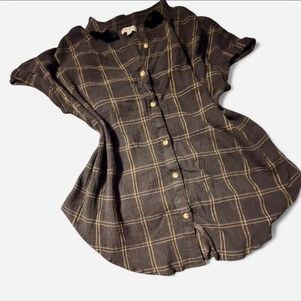 Wonderly Women’s Black and Yellow Plaid Button Up Short Sleeve Blouse Size XL